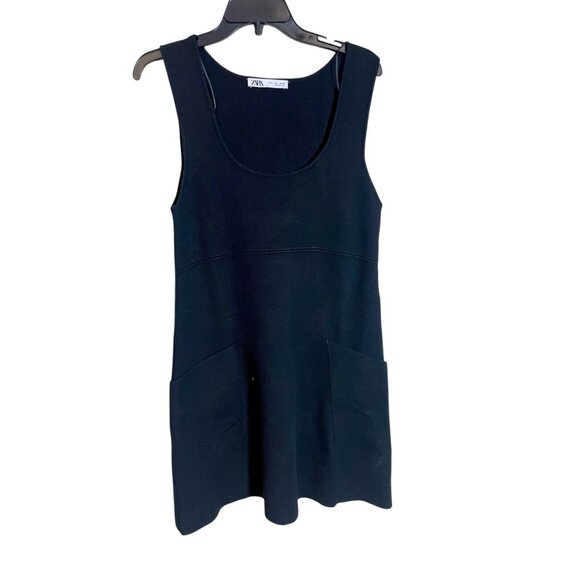 ZARA Sleeveless Knit Mini Dress Womens Size L Black Scoop Neck Front Pockets - Picture 1 of 8